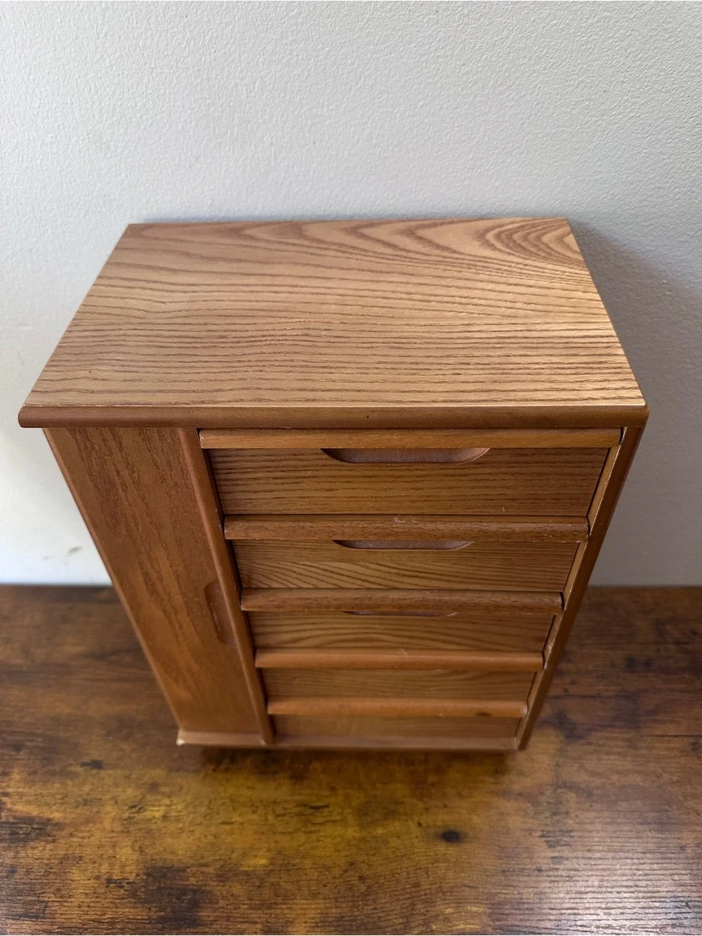 Vintage MCM Style Solid Oak Wood Jewelry Box Chest 5 Drawers Side Door Cabinet